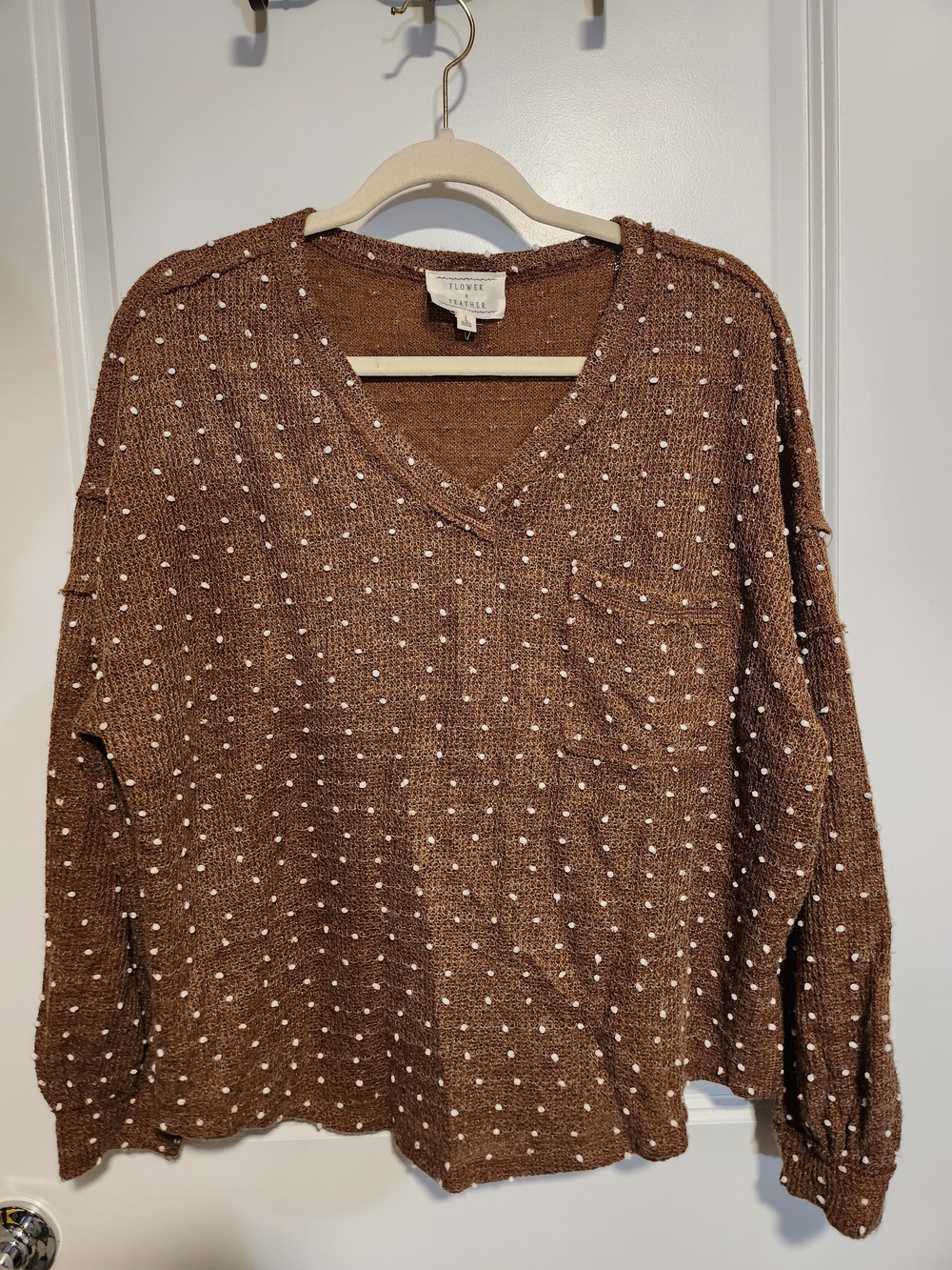 Textured Brown V-Neck Knit Sweatshirt with Pocket - Unknown Brand